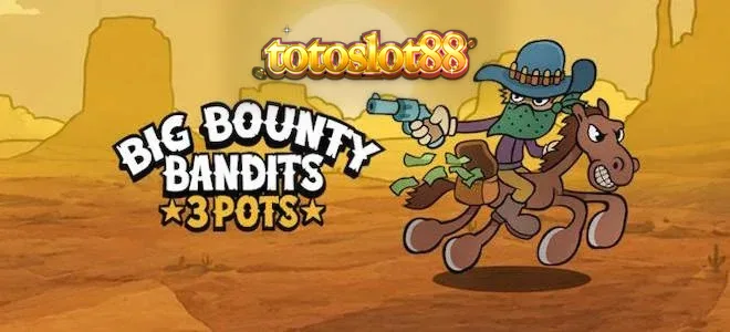 Tampilan visual permainan slot Big Bounty Bandits: 3 Pots dengan tema koboi kartun