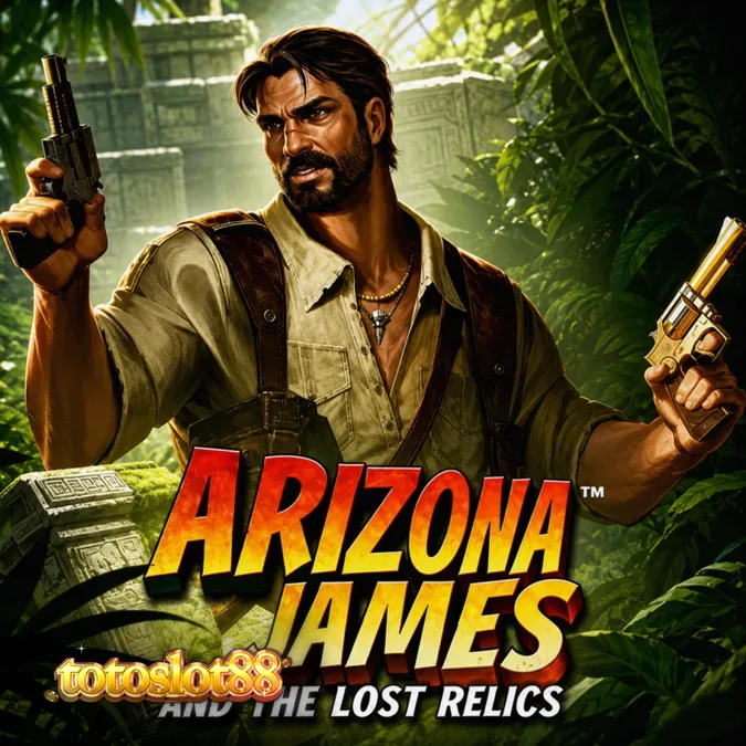 Tampilan grid 6x5 pada slot Arizona James and the Lost Relics dengan elemen petualangan arkeologi.