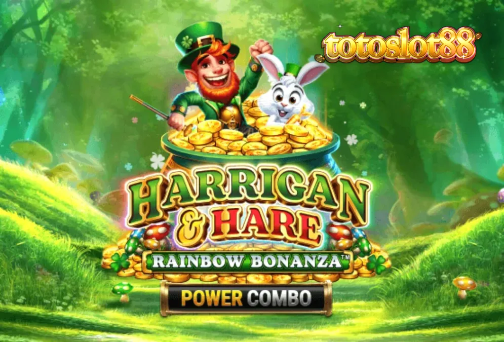Tampilan visual slot Harrigan & Hare Rainbow Bonanza Power Combo dengan latar belakang perbukitan Irlandia.
